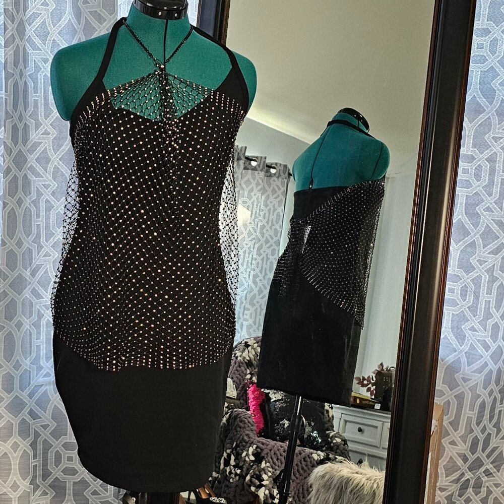 Guess Metal Tie‑Up Mesh Rhinestone Dress – Size L – NWT